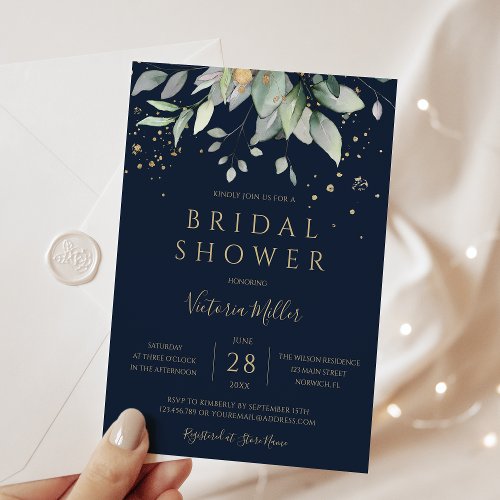 Navy Blue Gold Eucalyptus Greenery Bridal Shower Invitation