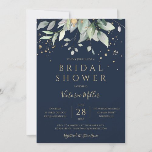 Navy Blue Gold Eucalyptus Greenery Bridal Shower Invitation