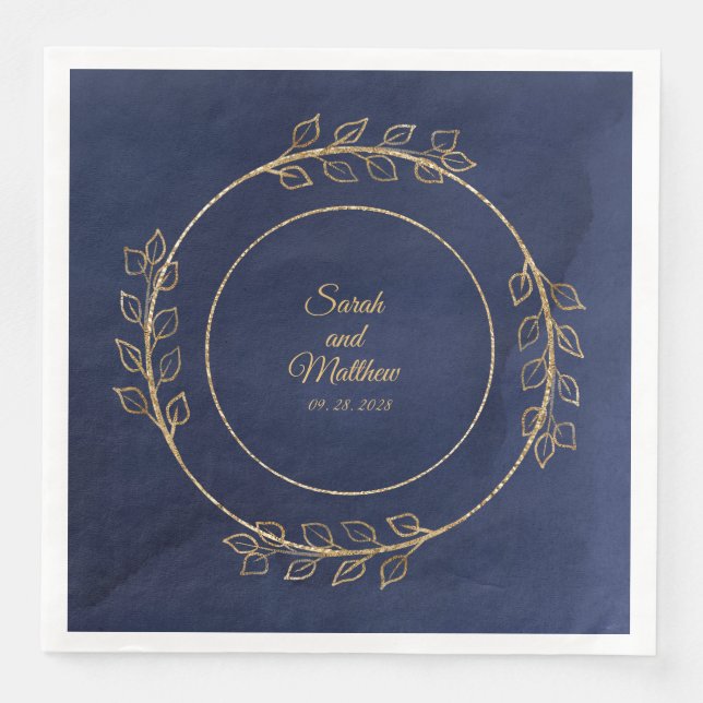 Navy Blue & Gold Eucalyptus Wedding Paper Dinner Napkins (Front)