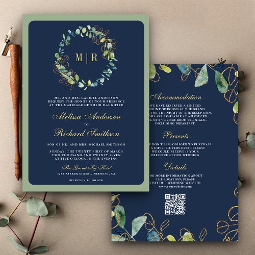Navy Blue Gold Eucalyptus Wreath QR Code Wedding Invitation