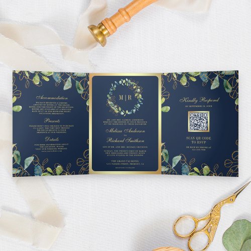Navy Blue Gold Eucalyptus Wreath QR Code Wedding Tri_Fold Invitation
