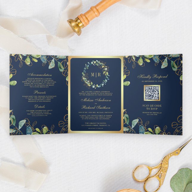 Navy Blue Gold Eucalyptus Wreath QR Code Wedding Tri-Fold Invitation (Creator Uploaded)