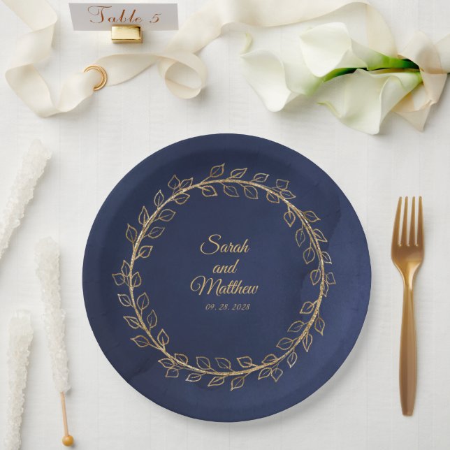 Navy Blue & Gold Eucalyptus Wreath Wedding Dinner  Paper Plates (Wedding)