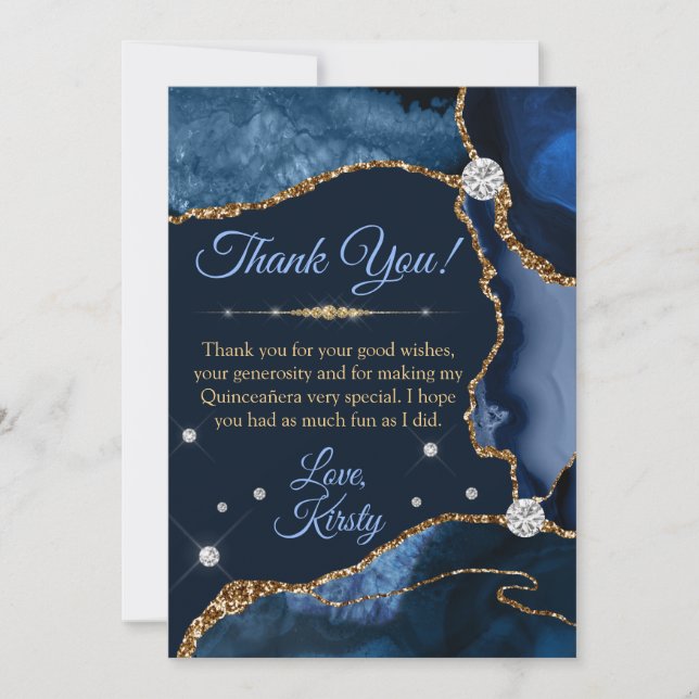 Navy Blue & Gold Faux Glitter Agate Quinceañera Thank You Card (Front)
