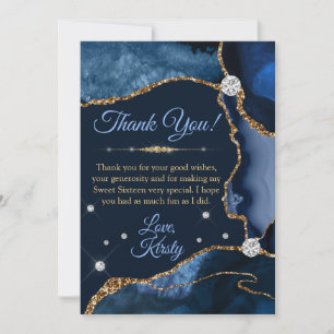 Navy Blue & Gold Faux Glitter Agate Sweet 16 Thank You Card