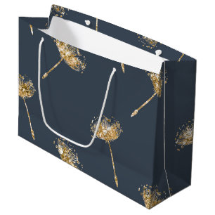 Navy Blue Gold Faux Glitter Dandelion Flowers Large Gift Bag
