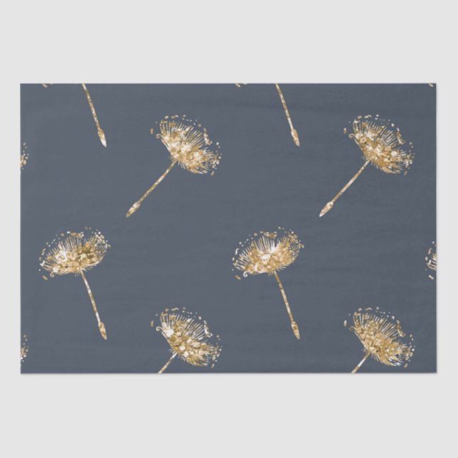 Navy Blue Gold Faux Glitter Dandelion Flowers Tissue Paper (Front)