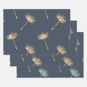 Navy Blue Gold Faux Glitter Dandelion Flowers Wrapping Paper Sheets