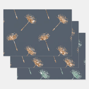 Navy Blue Gold Faux Glitter Dandelion Flowers Wrapping Paper Sheets