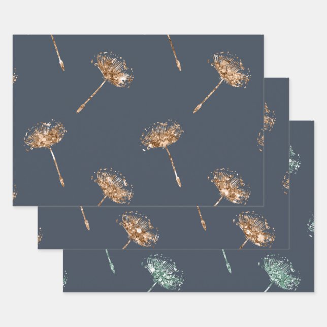 Navy Blue Gold Faux Glitter Dandelion Flowers Wrapping Paper Sheets (Set)
