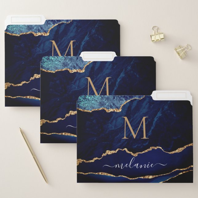 Navy Blue Gold File Folder Custom Name and Letter (Set)