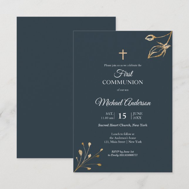 Navy Blue Gold First Communion Religious event Invitation (Front/Back)