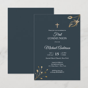 Navy Blue Gold First Communion Religious event Invitation