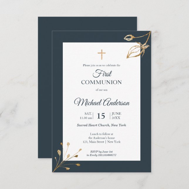 Navy Blue Gold First Communion Religious event Invitation (Front/Back)