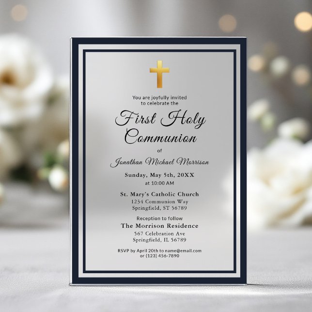 Navy Blue Gold First Holy Communion Boy's Acrylic Invitations (Creator Uploaded)