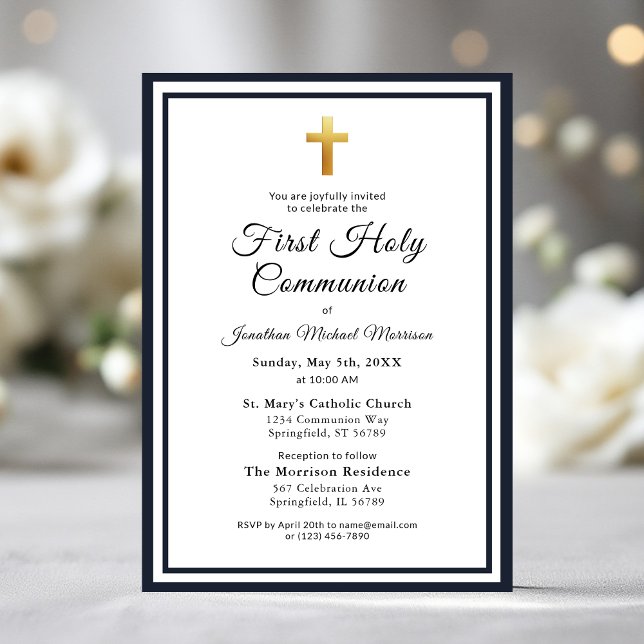 Navy Blue Gold First Holy Communion Boy's Invitation (Creator Uploaded)