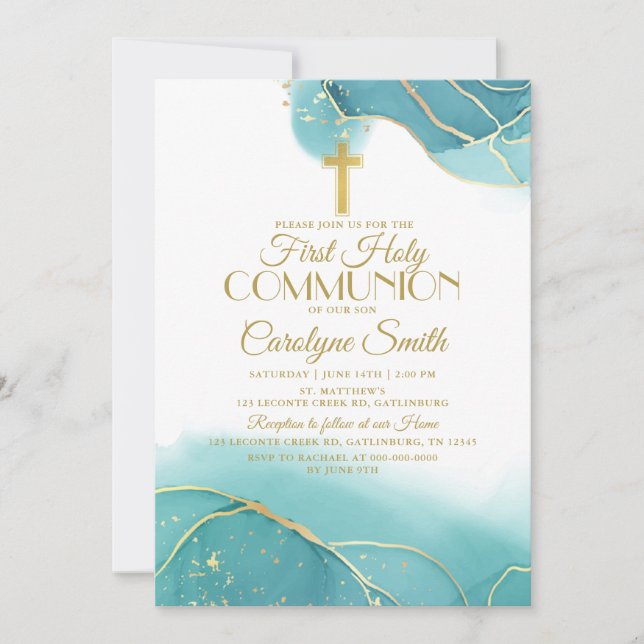 Navy Blue Gold First Holy Communion Invitation (Front)
