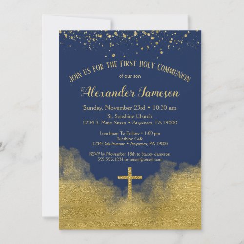 Navy Blue Gold First Holy Communion Invitation