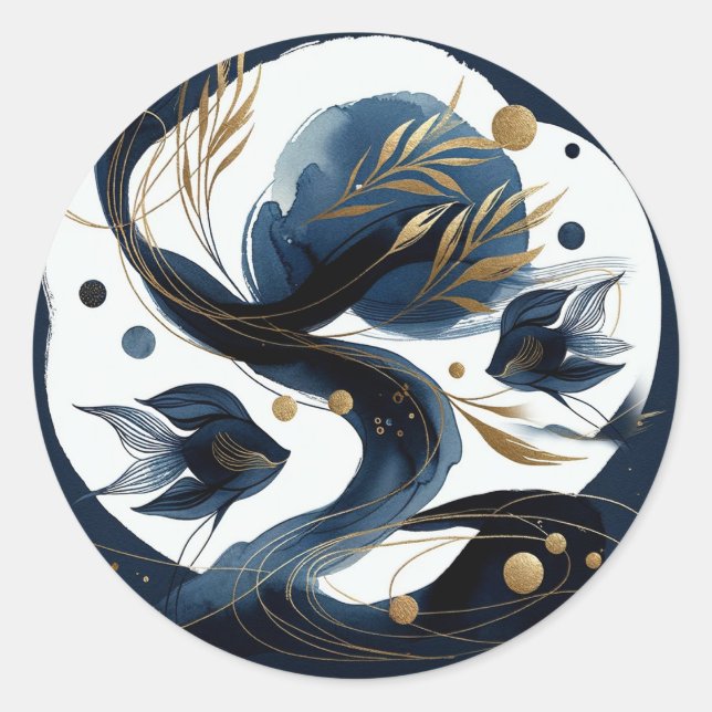 Navy Blue & Gold Fish Beach Wedding Classic Round Sticker (Front)