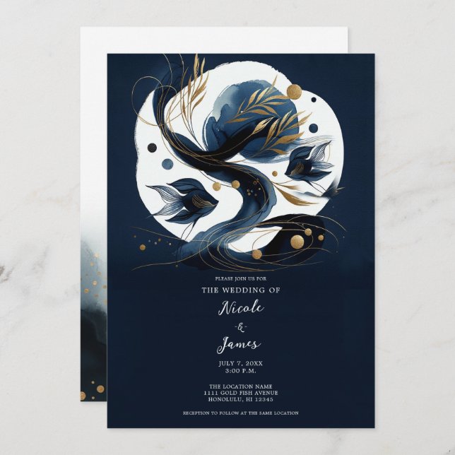Navy Blue & Gold Fish Beach Wedding Invitation (Front/Back)