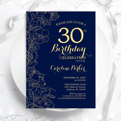 Navy Blue Gold Floral 30th Birthday Party Invitation