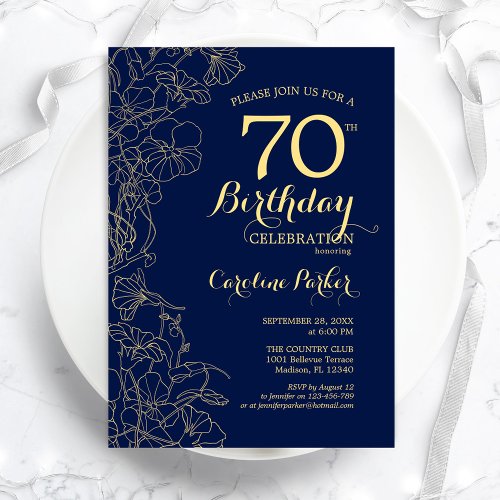 Navy Blue Gold Floral 70th Birthday Party Invitation