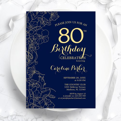 Navy Blue Gold Floral 80th Birthday Party Invitation