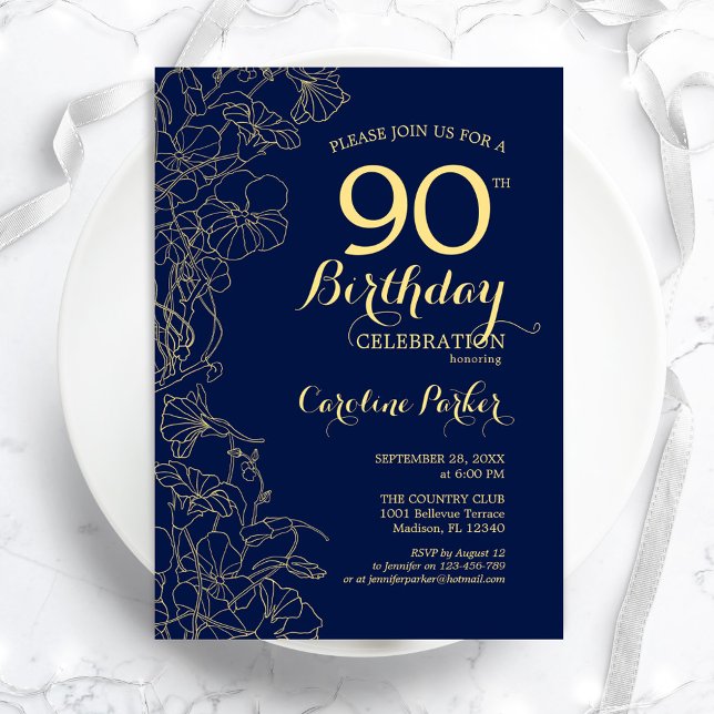 Navy Blue Gold Floral 90th Birthday Party Invitation (Creator Uploaded)