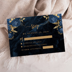 Navy Blue Gold Floral Agate Script Wedding RSVP Enclosure Card