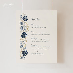 Navy Blue Gold Floral Art Nouveau Bar Menu Sign