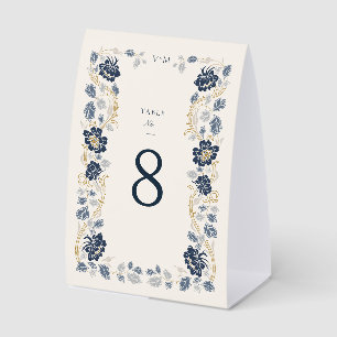 Navy Blue Gold Floral Art Nouveau Table Number Paper Table Tent