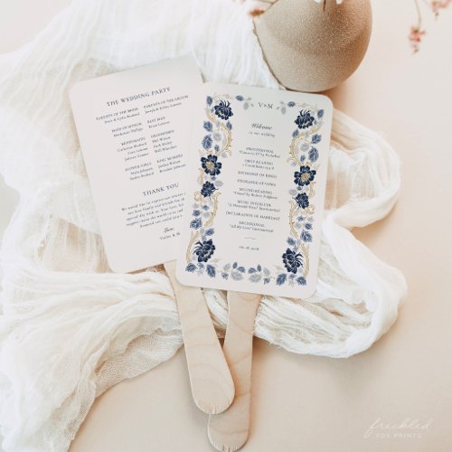 Navy Blue Gold Floral Art Nouveau Wedding Hand Fan