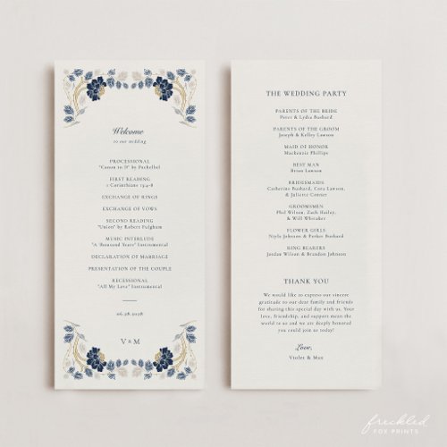 Navy Blue Gold Floral Art Nouveau Wedding Program