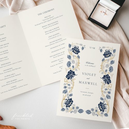 Navy Blue Gold Floral Art Nouveau Wedding Program