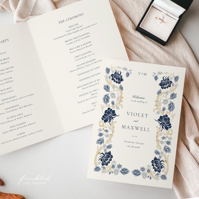 Navy Blue Gold Floral Art Nouveau Wedding Program (Navy Blue and Gold Art Nouveau Wedding Program Booklet)