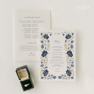 Navy Blue Gold Floral Art Nouveau Wedding Program