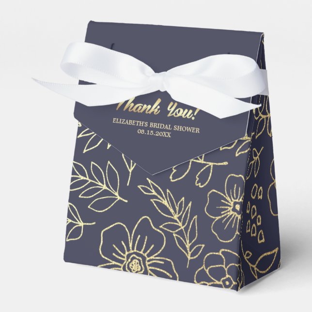 Navy Blue | Gold Floral Bridal Shower Favor Boxes (Front Side)