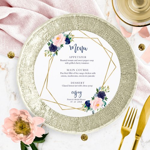 Navy Blue Gold Floral Bridal Shower Round Menu Invitation