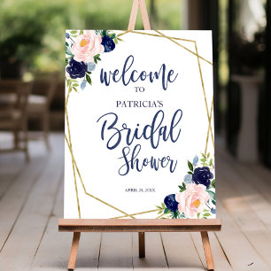 Navy Blue Gold Floral Bridal Shower Welcome Foam Board