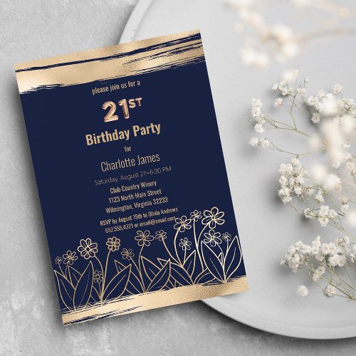 Navy Blue Gold Floral Brushstrokes 21st Birthday Invitation Postcard