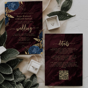 Navy Blue Gold Floral Burgundy QR Code Wedding Invitation