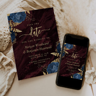 Navy Blue Gold Floral Burgundy Save the Date Invitation