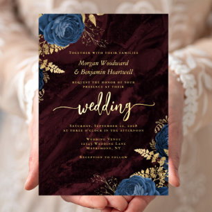 Navy Blue Gold Floral Burgundy Wedding Foil Invitation
