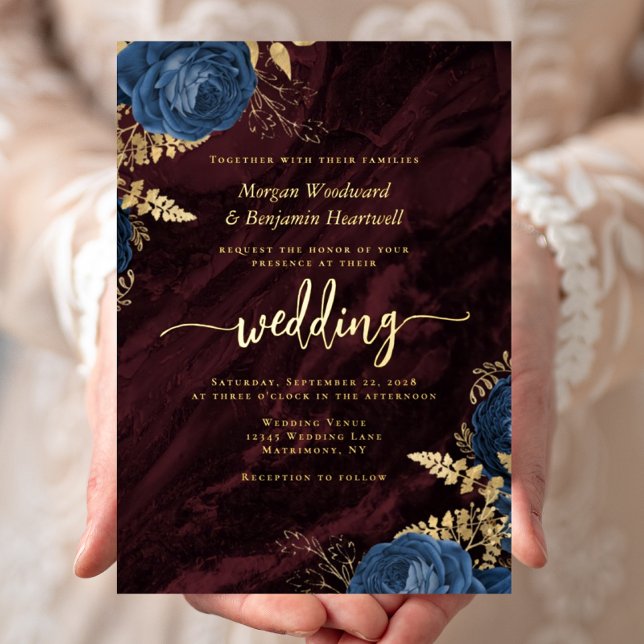Navy Blue Gold Floral Burgundy Wedding Foil Invitation (Creator Uploaded)