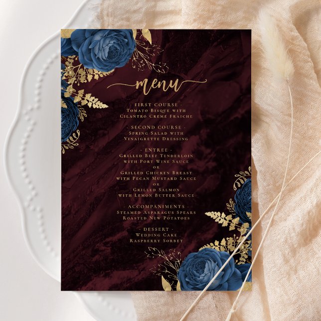 Navy Blue Gold Floral Burgundy Wedding Invitation (Creator Uploaded)