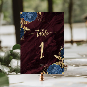 Navy Blue Gold Floral Burgundy Wedding Table Number