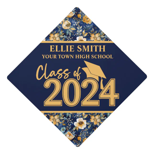 Navy Blue Gold Floral Class of 2024 Graduation Cap Topper | Zazzle