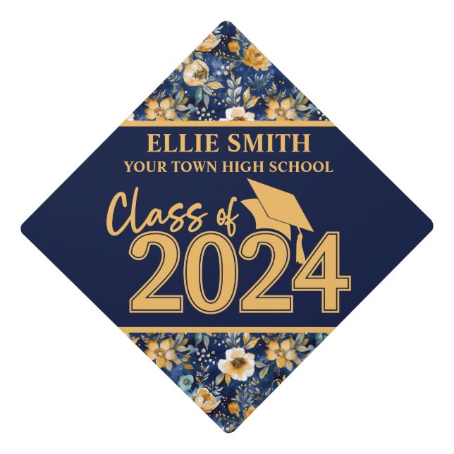 Navy Blue Gold Floral Class of 2024 Graduation  Graduation Cap Topper (Front)