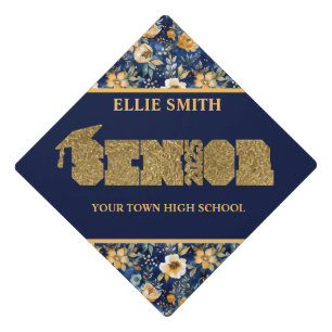 Navy Blue Gold Floral Class of 2025 Graduation  Cap Topper