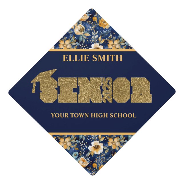Navy Blue Gold Floral Class of 2025 Graduation  Cap Topper (Front)